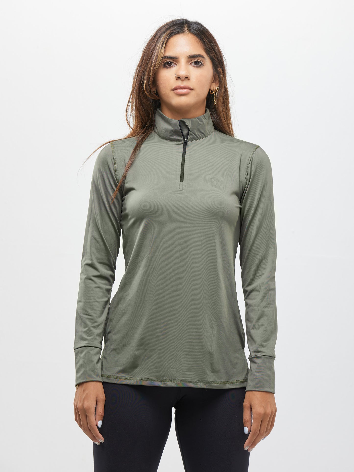 Women Sports Long Sleeve Half Zipper T-shirt - Olive Green