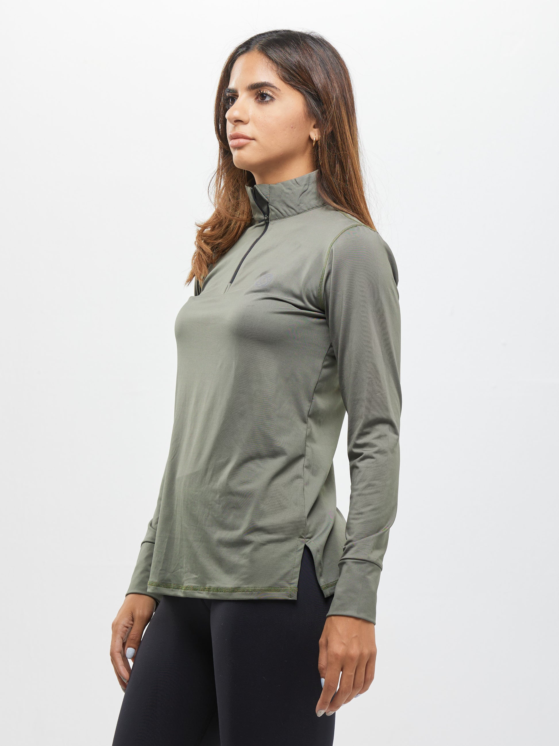 Women Sports Long Sleeve Half Zipper T-shirt - Olive Green