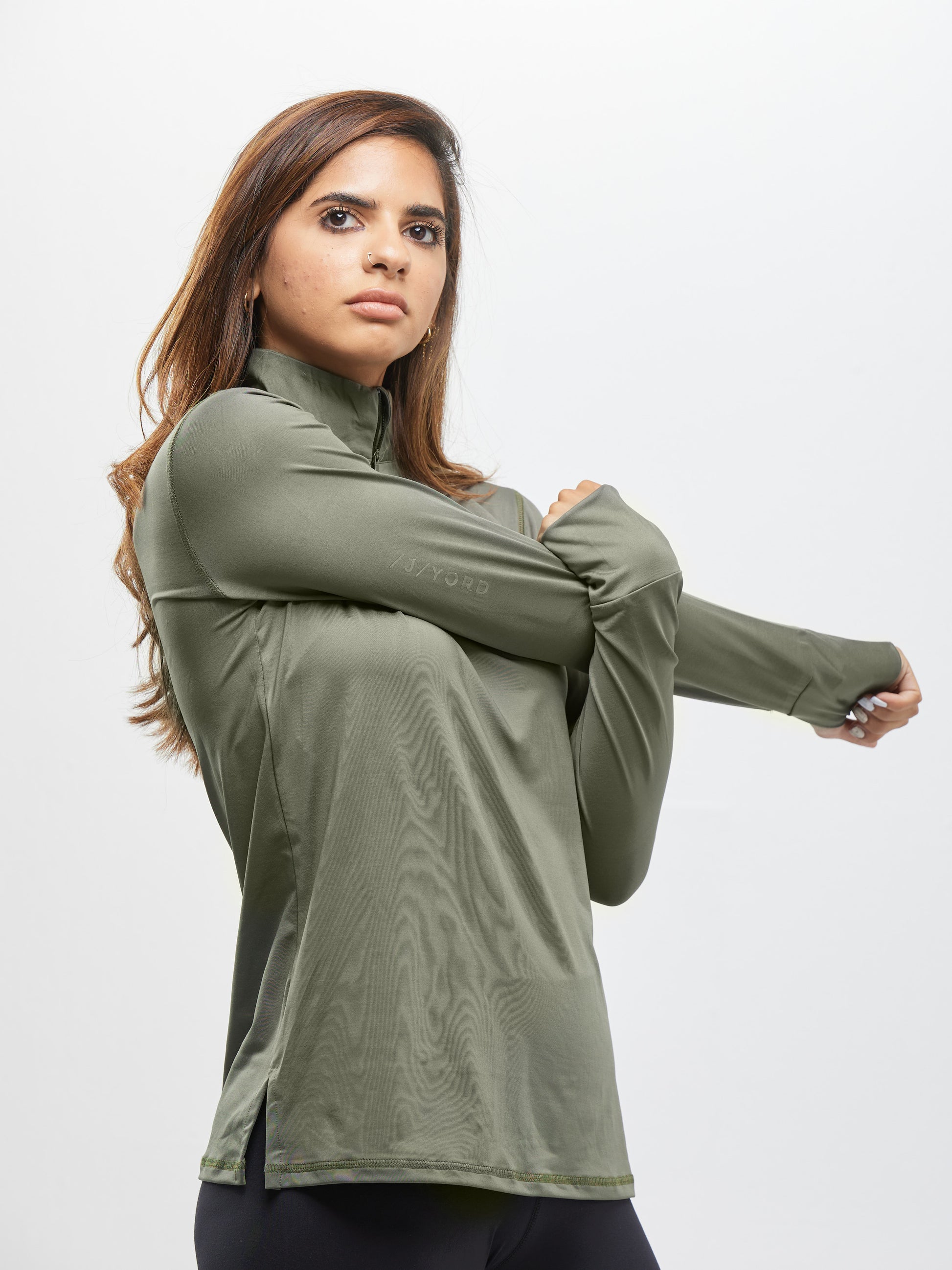 Women Sports Long Sleeve Half Zipper T-shirt - Olive Green