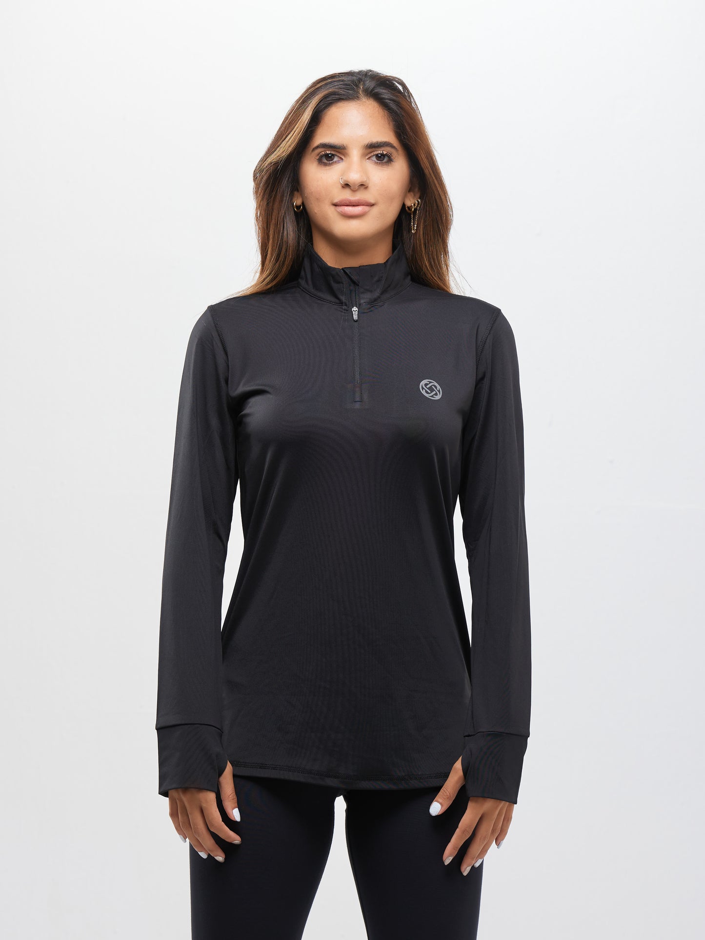 Women Sports Long Sleeve Half Zipper T-shirt- Black