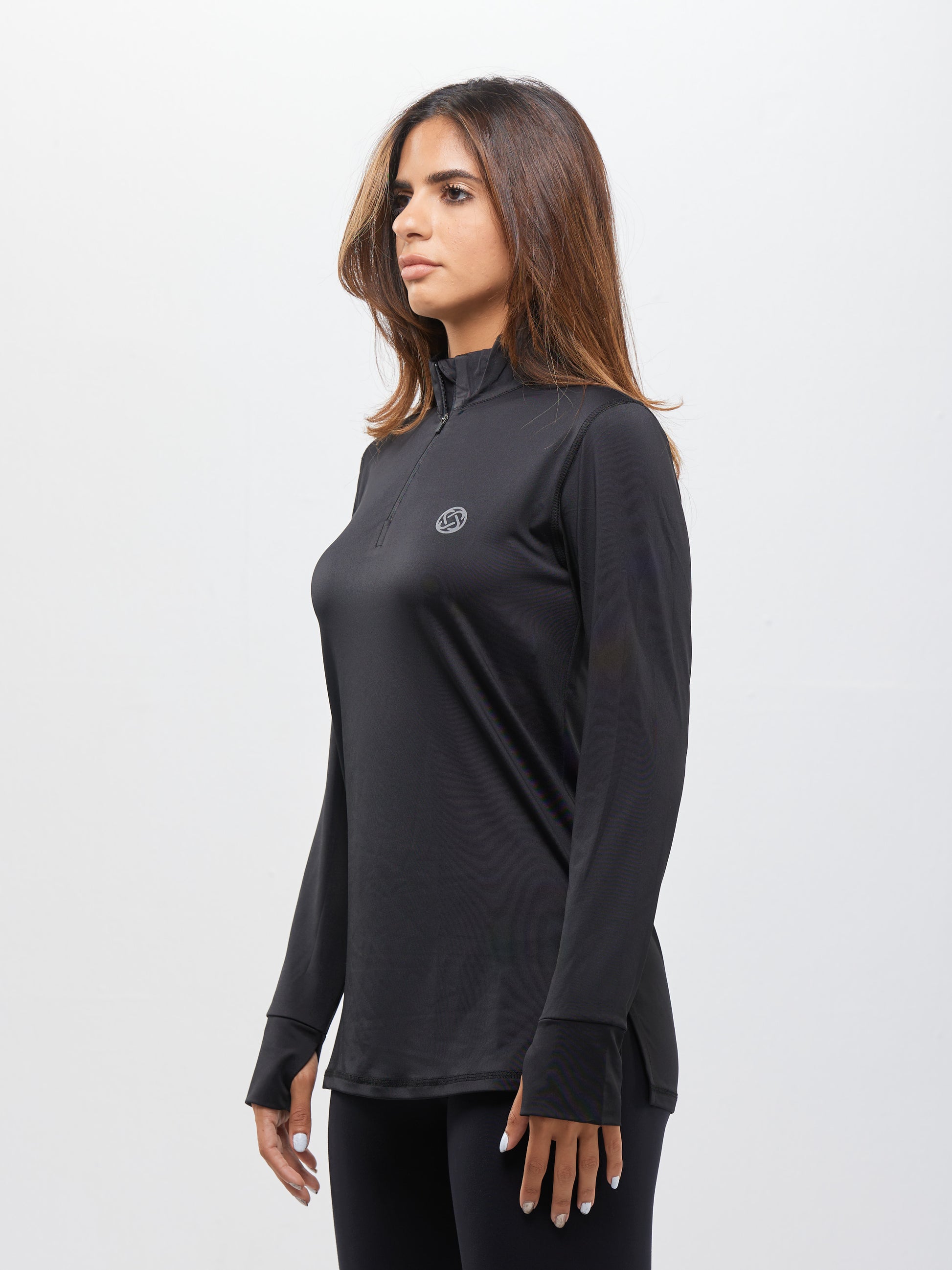 Women Sports Long Sleeve Half Zipper T-shirt- Black