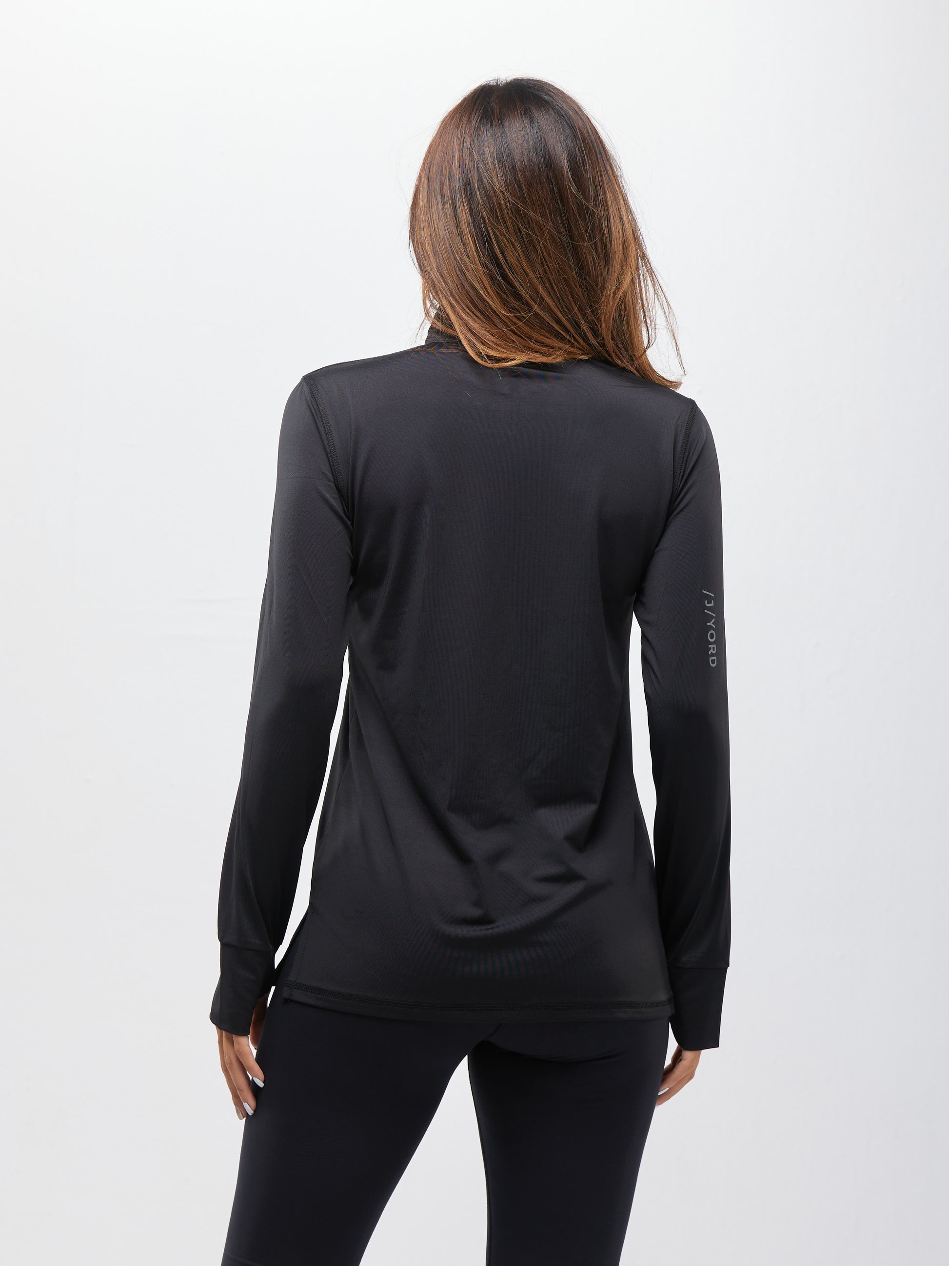 Women Sports Long Sleeve Half Zipper T-shirt- Black