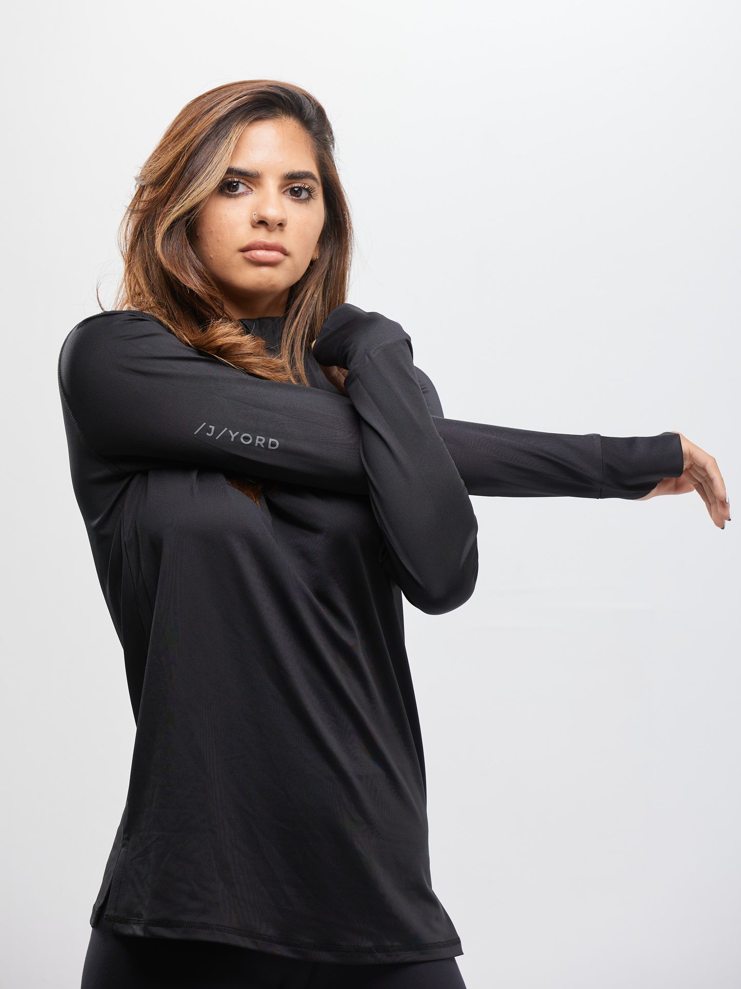 Women Sports Long Sleeve Half Zipper T-shirt- Black